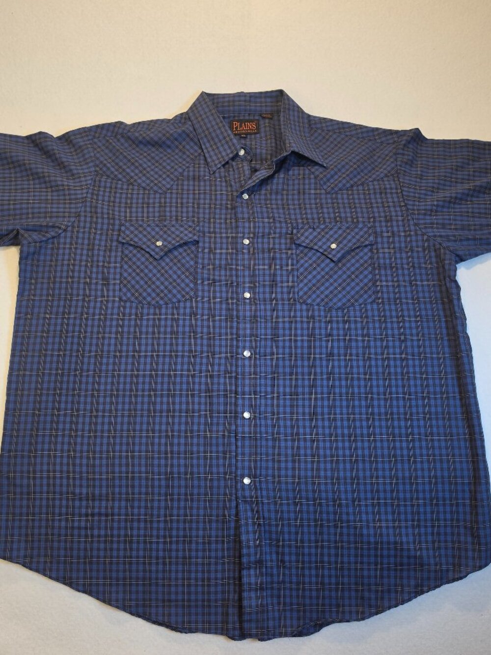 Plains Western Wear Blue Plaid Short Sleeve Pearl Snap Shirt XL
